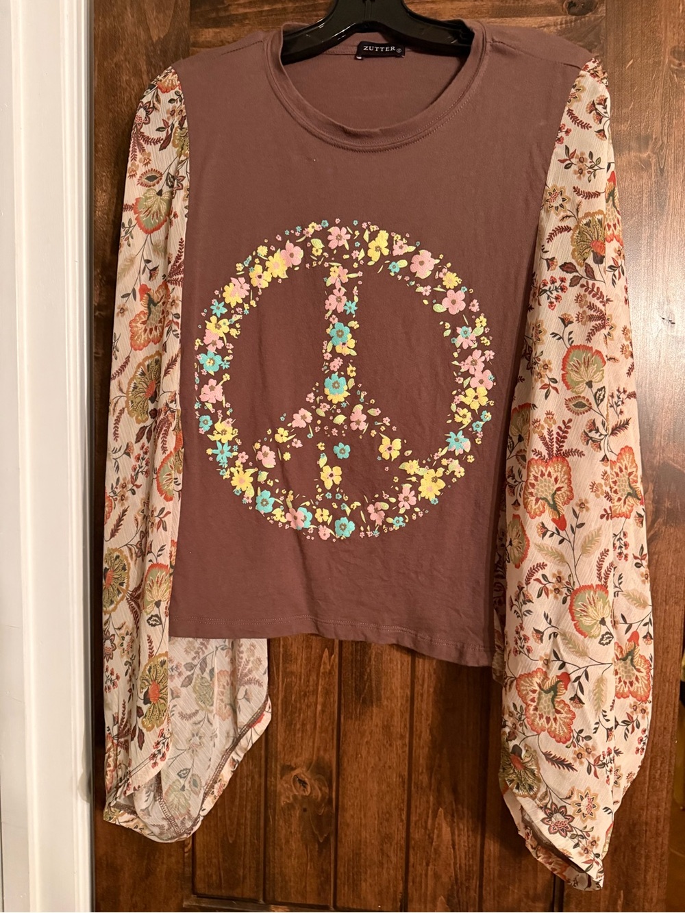 Brown Floral Peace-Print Long Sleeve Top